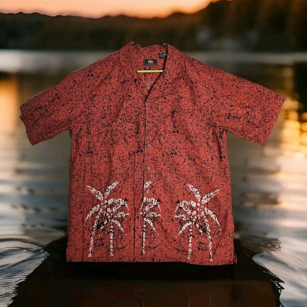 Route 66 Hawaiian Shirt Men Large Red Black Splatter Palm Trees  Vacation Party
